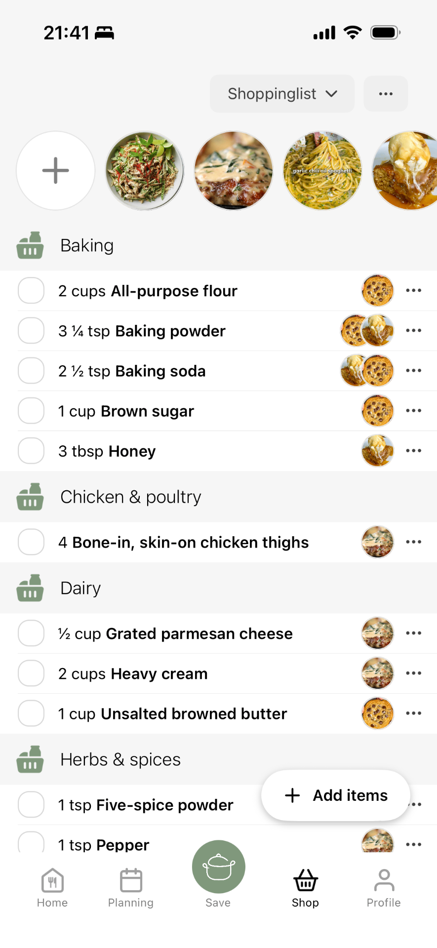 RecipeMind shopping list interface